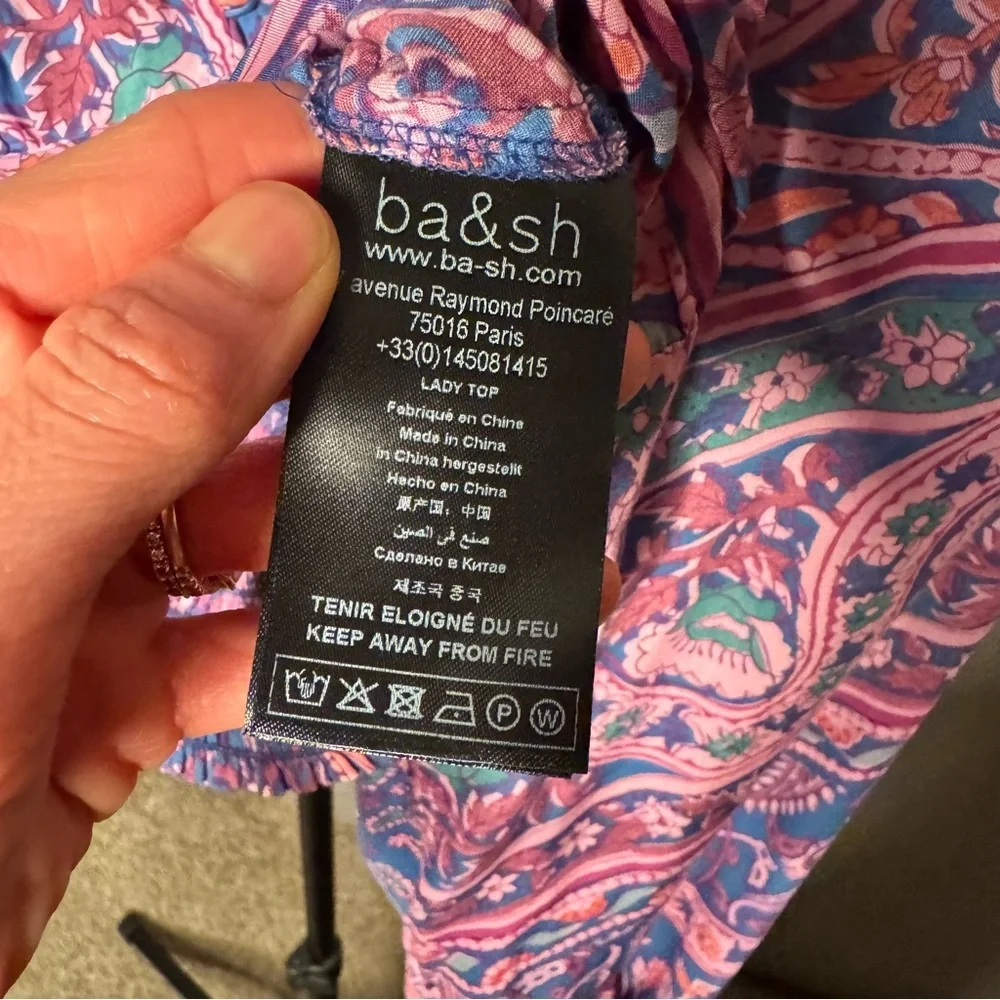 ba&sh NWT Finka Long-Sleeve Floral Paisley Puff Sleeve Crop Top Purple Pink XS - Picture 14 of 15